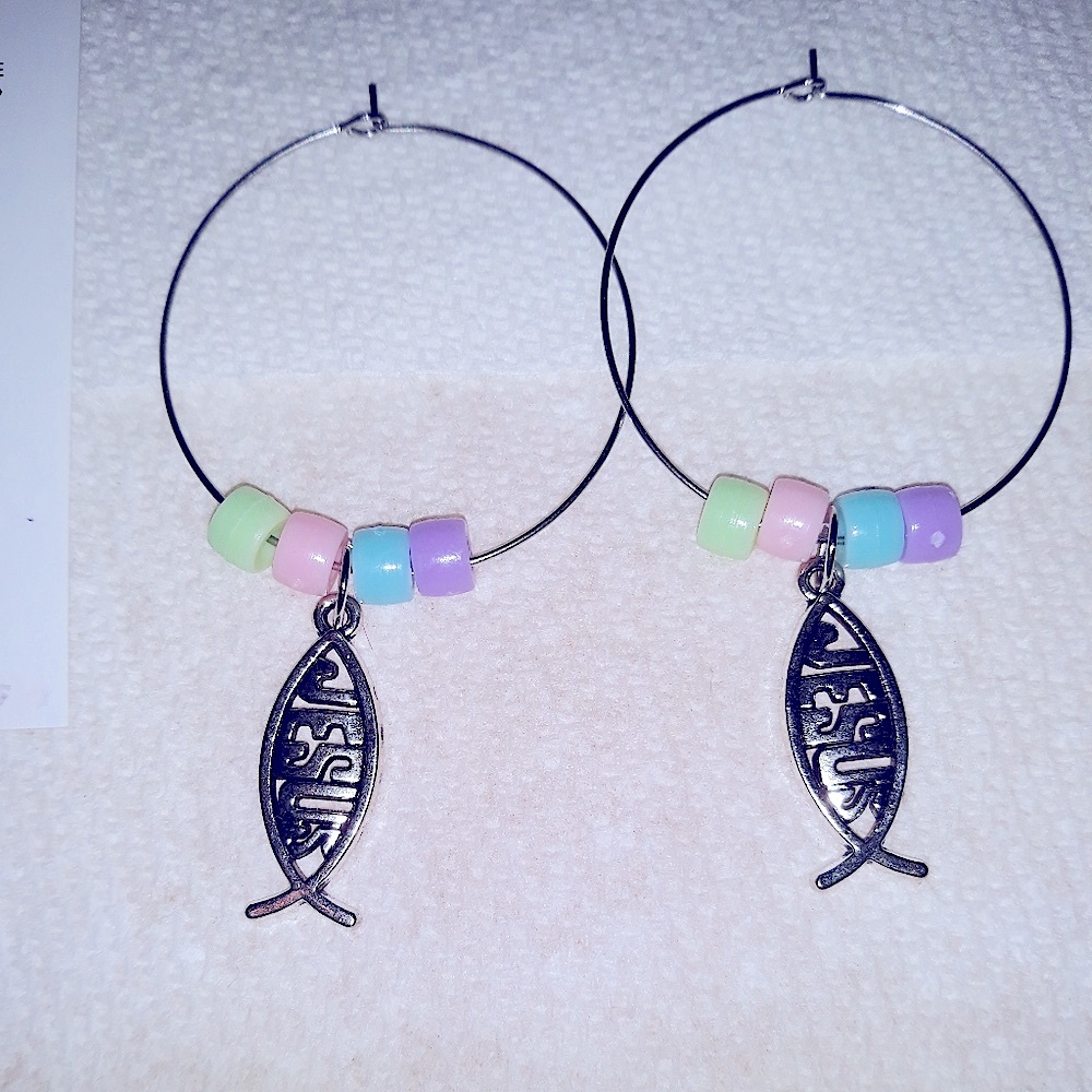 Hand Jesus Fish Unique Hoop Earrings Med Silver Stainless EasterJewelry NEW